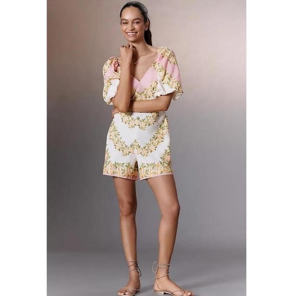 Farm Rio x Anthropologie V-Neck Puff-Sleeve Linen Blend Romper - Picture 2 of 15